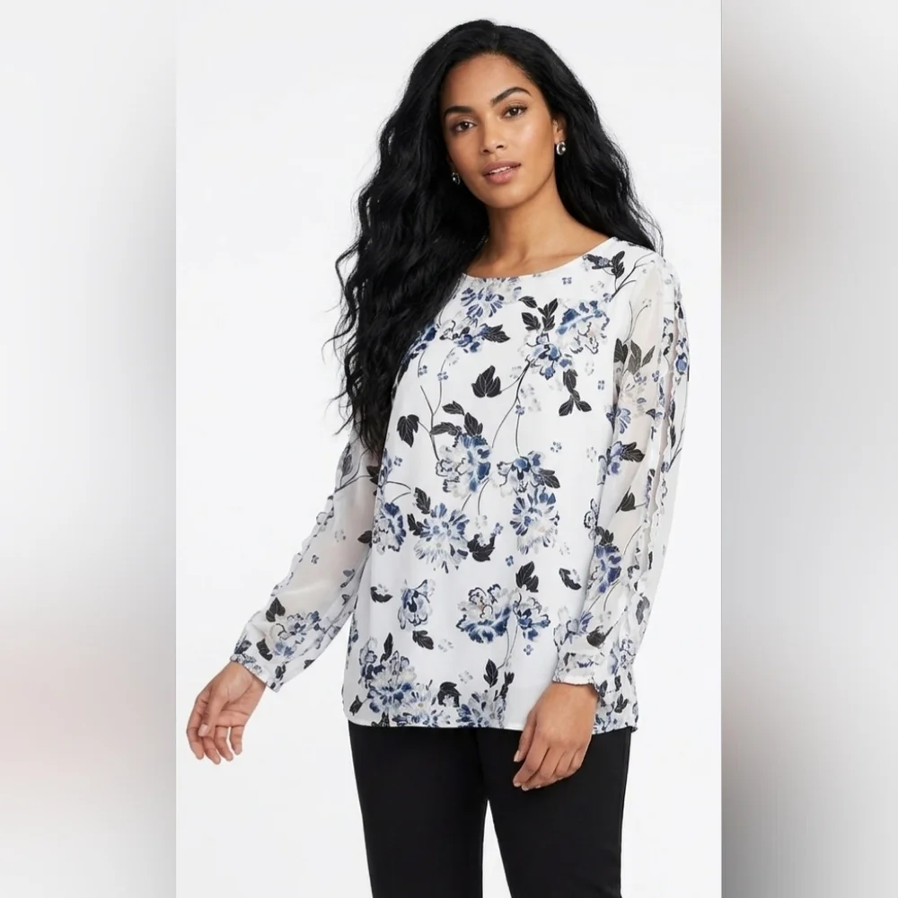 Ann Taylor Factory White Blouse with Blue Floral Print Size L - Picture 1 of 13